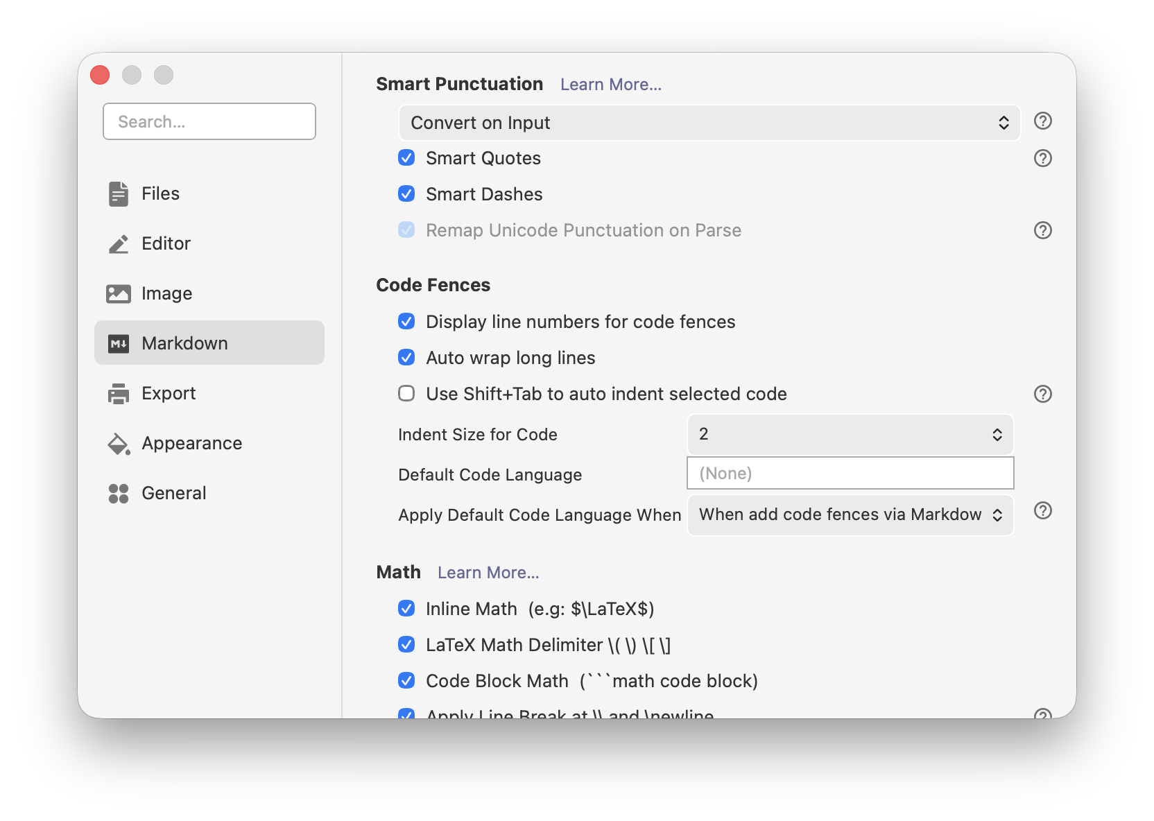 Code Fences and Math Settings