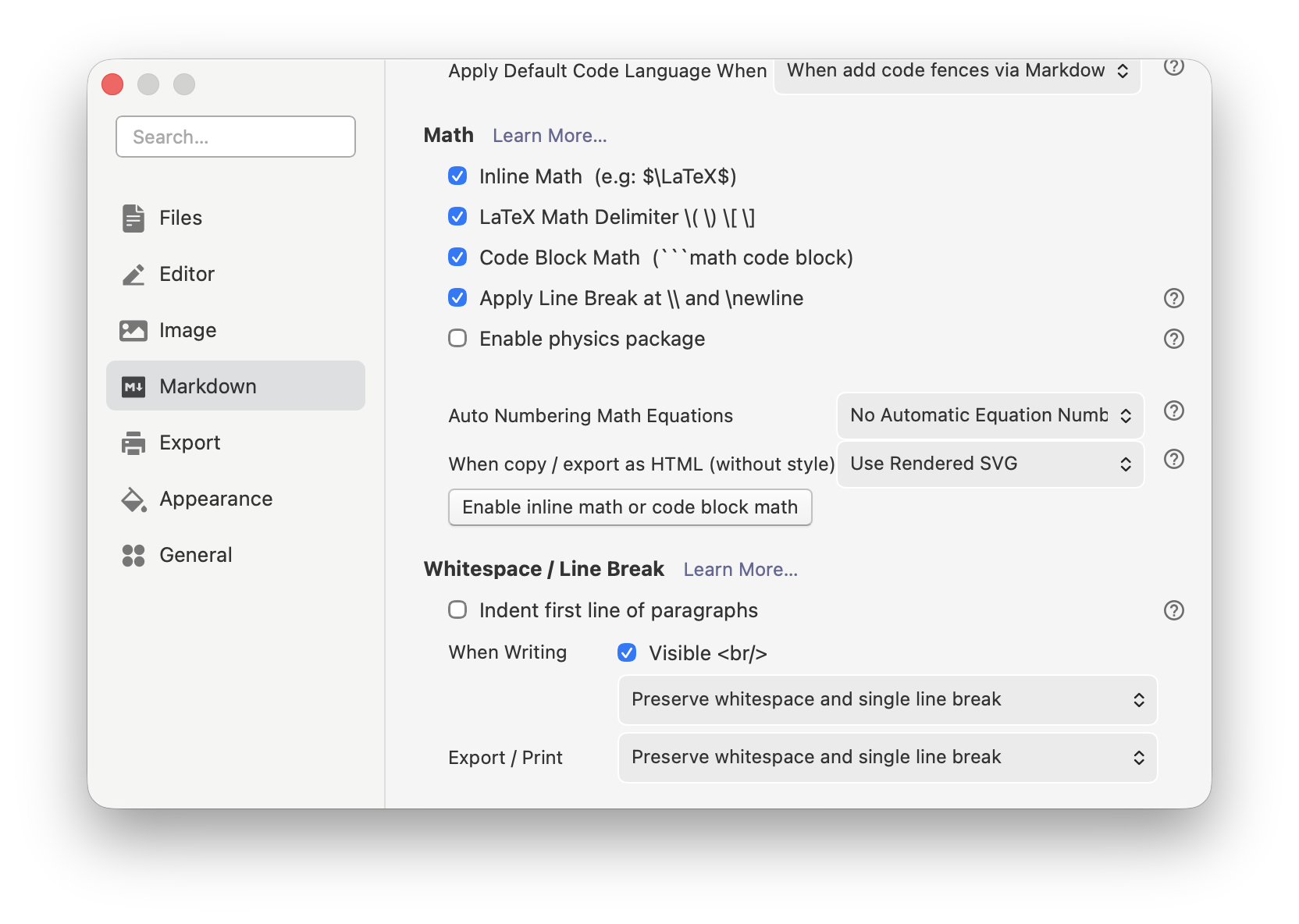 Math Detailed Settings